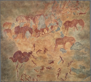 Felsbild aus Simbabwe. Abgebildet sind Elefanten, eine Schlange, springende Tiere, Bäume sowie liegende Gestalten. (© Frobenius-Institut)
